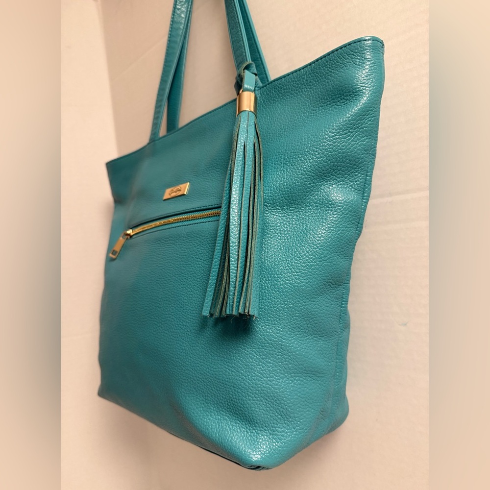 Onna Ehrlich Teal Pebbled Leather Tote Bag Tassel Accent Gold Hardware